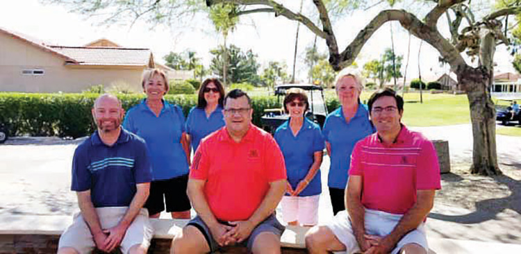 Presentation of donation to PV golf pros: front row (left to right): Joey Forsythe, Greg Tokash, John Griglak; back row (left to right): Mary Horn, Wanda Johnson, Gail Assenmacher, and Val Verbeck