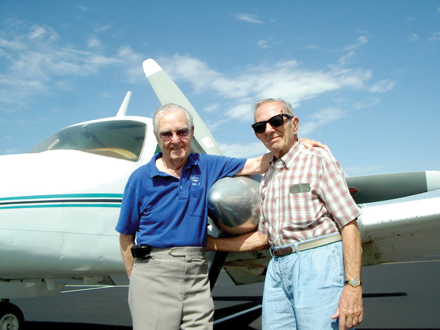 The Sun Lakes Aero Club owes a debt of gratitude to four former Sun Lakes residents who were responsible for forming the club more than 25 years ago. Pictured above in a 2010 photo are two of the co-founders (left to right): Vern Nelson (deceased 2017) and Al Galvi (deceased 2014). Other co-founders were Elton Dyal (deceased 2012) and Sam Doria (deceased 2011). (Photo by Gary Vacin)