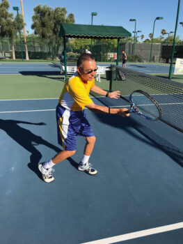 Tennis Tip 2: This picture displays good form and weight transfer, timing and balance, and overall good fundamentals. Try to work on this by having a reliable weekly practice partner (ball machine) to improve your skill development.