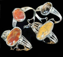 Wire wrapped bangle bracelets by Don Hall, stones (left to right): onyx and red jasper found at Sycamore Creek, petrified wood, and yellow onyx