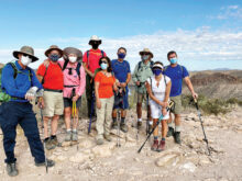 Club hikers enjoying the Boulder Canyon Trail; back row (left to right): Scott Downey, Ron Deraas, Joan Carlisle, Paul Feeney, David Coffman, Tim Donovan, and Steve Collier; front row (left to right): Fabiola Scotto and Shaun Collier (Photo by Tom Scotto)