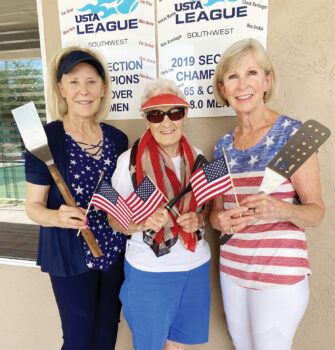Carol Mellinger, Betty Sanders, and Judy Gahide are ready to flip pancakes!