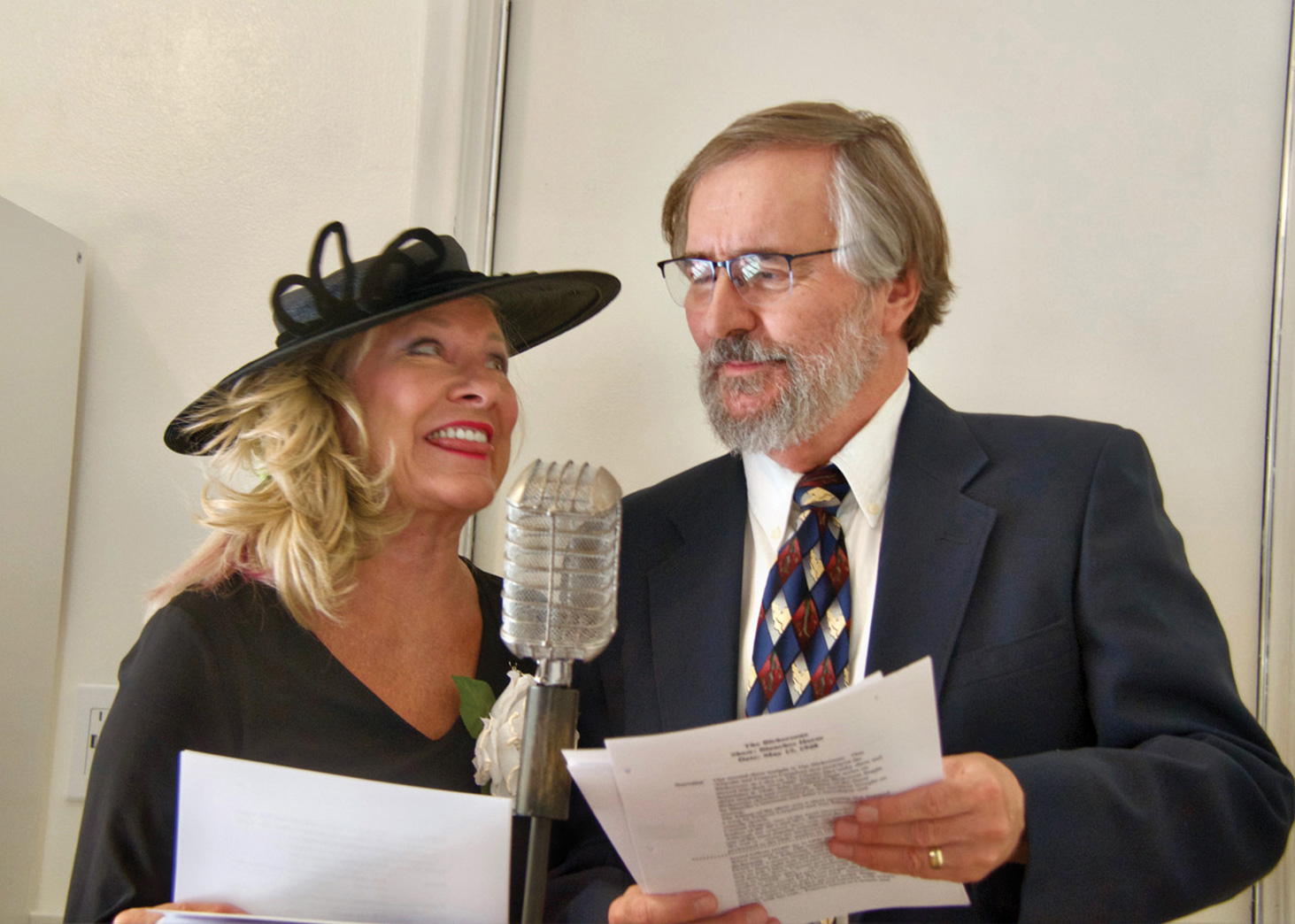 Sally Holberg as Blanche and Jim Nielsen as John Bickerson rehearse for the upcoming Sun Lakes Community Theatre’s production of An Evening of Old Time Radio.