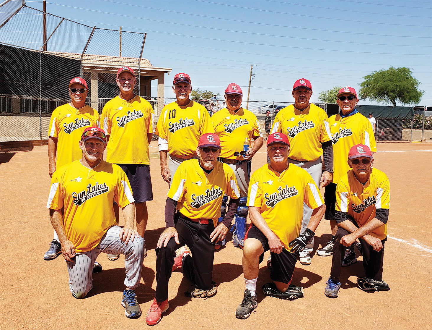 The Champs: Front (kneeling, left to right): Jon Hendrikse, Paul Gayer, Bob Reed, and Rick Oien. Back (left to right): Sam Giordano, Tom Schneider, Dave Waibel, Randy Neumann, Marty Hobby, and Kelly Anderson